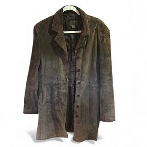 Vintage 90s Outfit JPR Black Suede Leather Trench Coat Duster Jacket Size 12